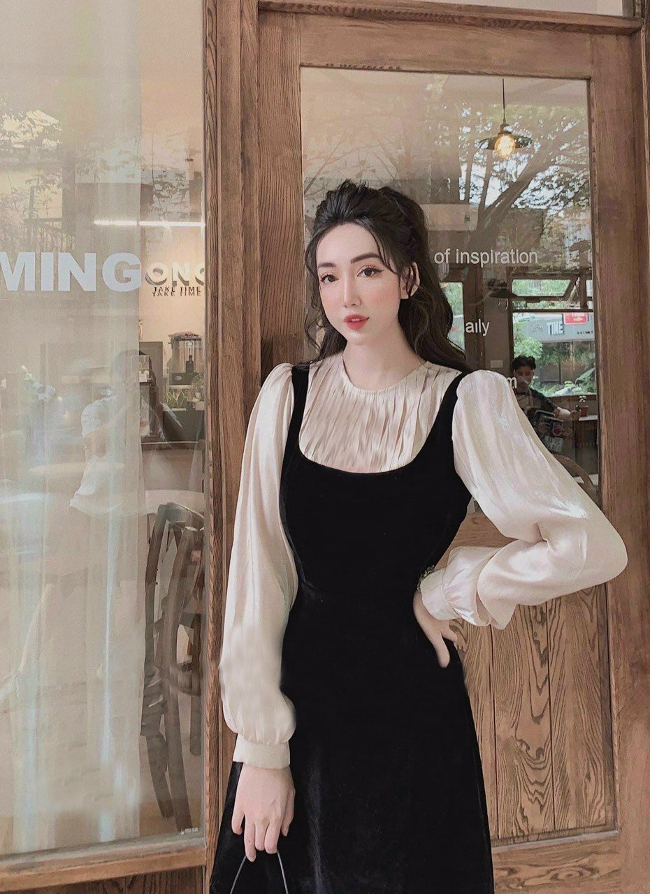 Đầm xòe dự tiệc áo tay dài phối màu xếp ly hàng cao cấp