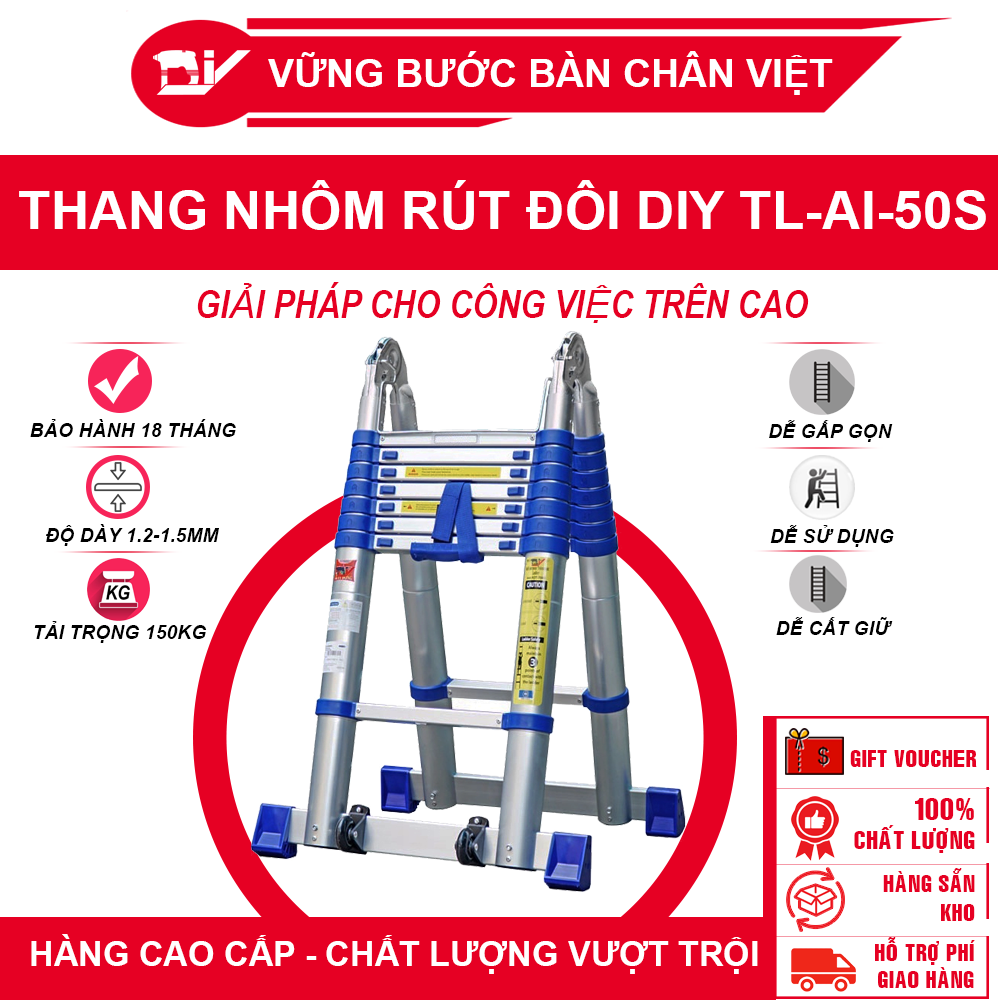 Thang nhôm rút đôi DIY TL-AI-50S chiều cao sử dụng tối đa chữ A 2.4m chữ I 5m - Tiêu chuẩn chất lượng an toàn Châu Âu