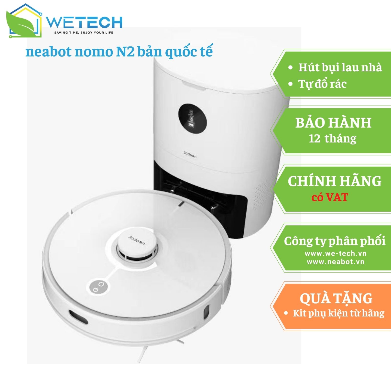 Robot tự đổ rác hút bụi lau nhà Neabot Nomo N2 White - Hàng chính hãng