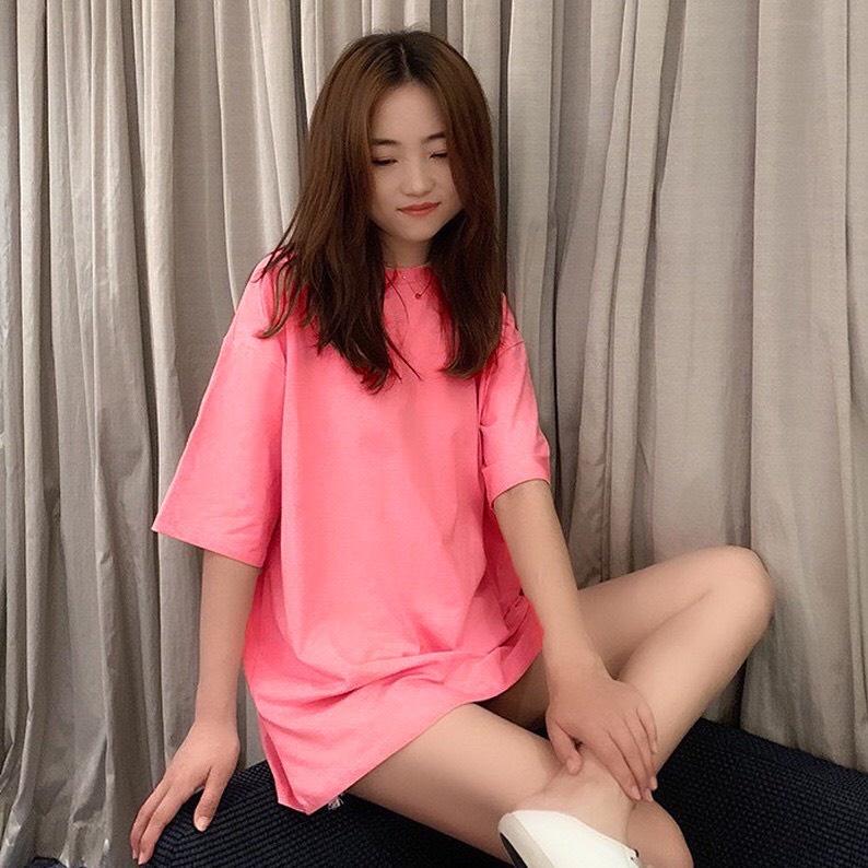 Áo Thun Trơn Tay Lỡ Cổ Tròn Vải Cotton Dày Mịn Không Xù Lông Nam Nữ Màu Hồng
