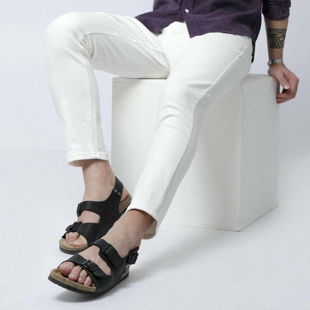 Sandal Unisex HuuCuong 2 khóa da bò đen đế trấu