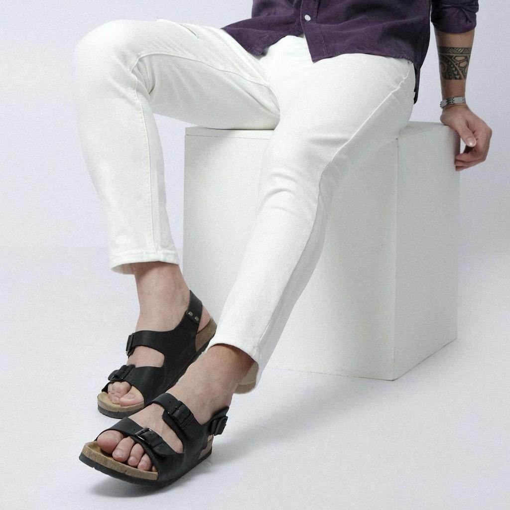 Sandal Unisex HuuCuong 2 khóa da bò đen đế trấu