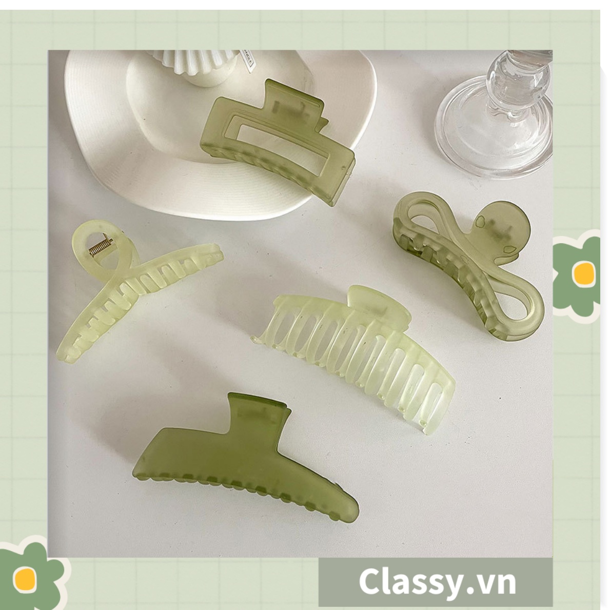 Kẹp tóc càng cua Classy màu xanh lá, dạng kẹp trong đục, nhiều kiểu dáng hiện đại PK1169