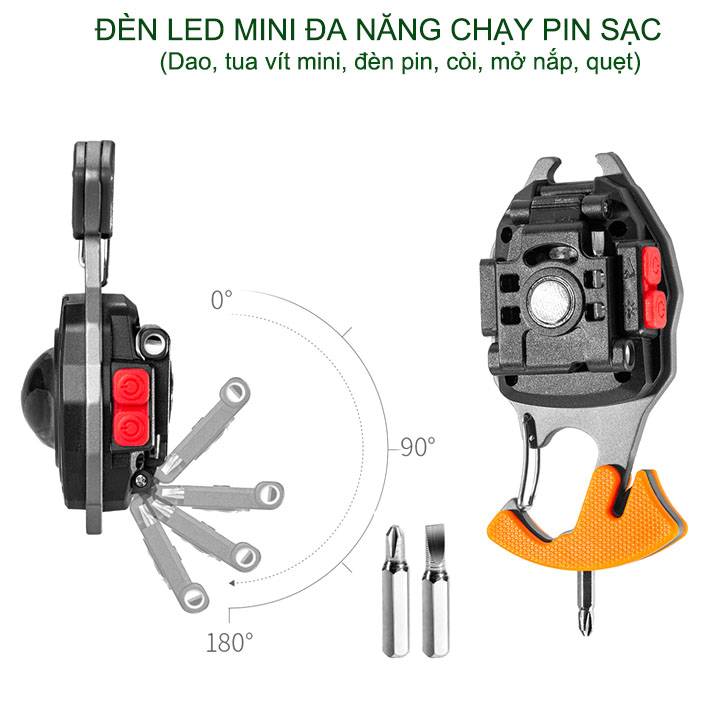 Đèn led mini kiêm móc khóa, tua vít, còi, quẹt điện, mở nắp chai đa năng dùng pin sạc