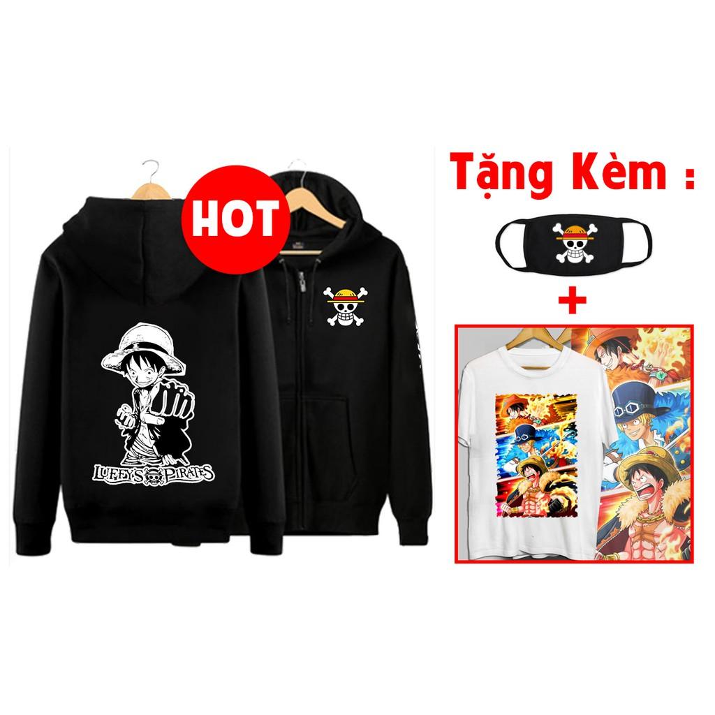 Áo khoác đen in hình One Piece - Luffy tặng kèm áo thun và khẩu trang