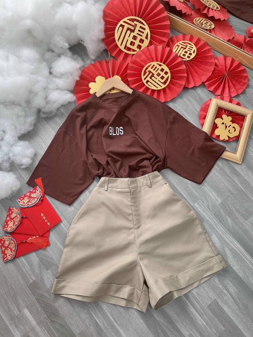 SET ÁO THUN TRƠN TAY NGẮN + QUẦN SHORT NGẮN NGẮN LƯNG CAO ỐNG RỘNG DẠO PHỐ DỰ TIỆC GIÁNG SINH NOEL