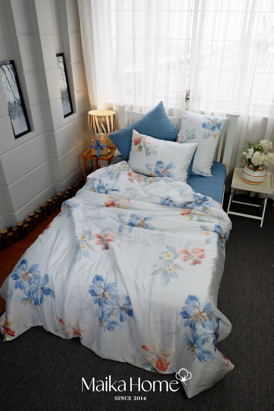 Bộ Drap 5 Món Lụa Tencel 60S - Phượng trắng phối xanh nhớt