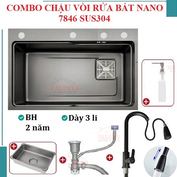  Combo chậu rửa chén bát 1 hố lớn Valenza size 7846 sus304 nano đen kháng khuẩn kèm vòi rửa bát rút dây Valenza sus304, bộ xả to ngăn mùi, khay inox kín-TẶNG BÌNH NƯỚC RỬA CHÉN