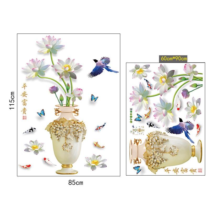 Decal trang trí  dán tường bình hoa sen cá