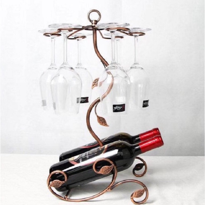 Giá Treo Ly và Kệ Để Rượu Vang Decor Màu Đồng Loại 6 Ly Cao Cấp
