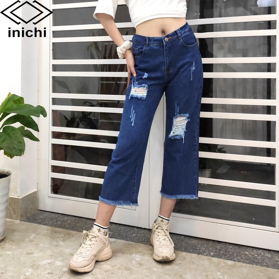 Quần baggy jean nữ Q682 xanh đậm cạp cao rách gối INICHI