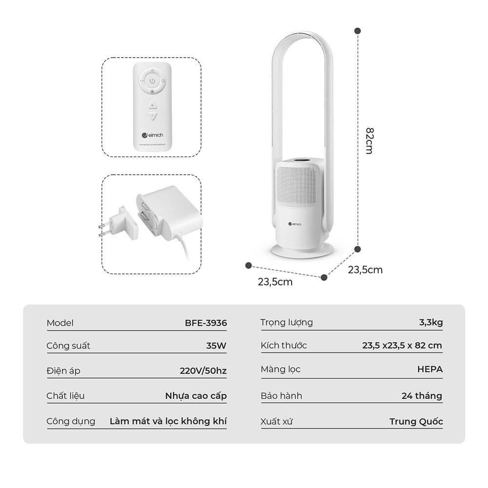 Quạt không cánh kết hợp lọc không khí Elmich BFE-3936 hàng chính hãng