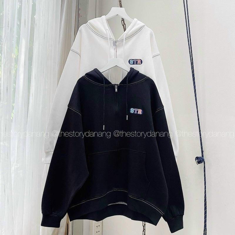 Áo khoác nỉ nam nữ STR hoodie full zip đen trắng kem form rộng bo gấu tay phồng hàn quốc -áo khoác ulzzang