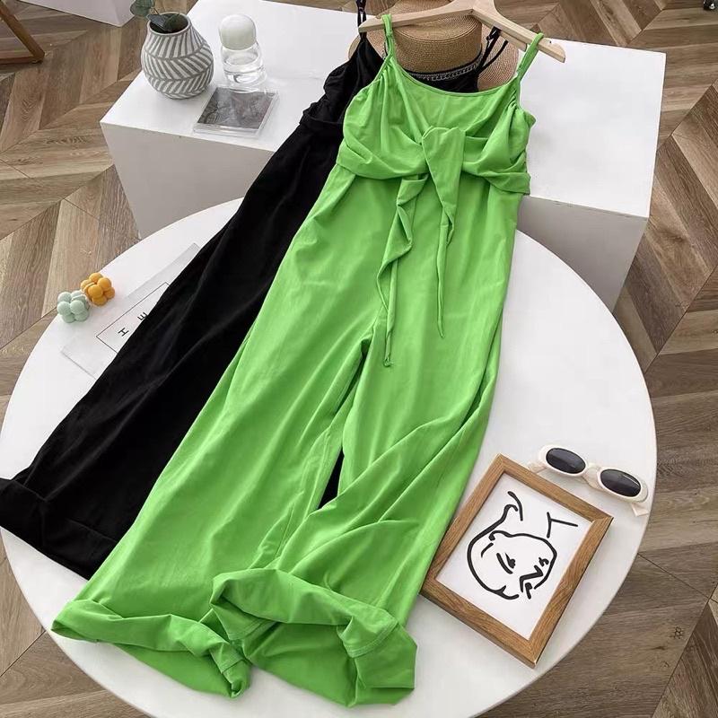 Jumpsuit thun dài màu xanh nơ ngực