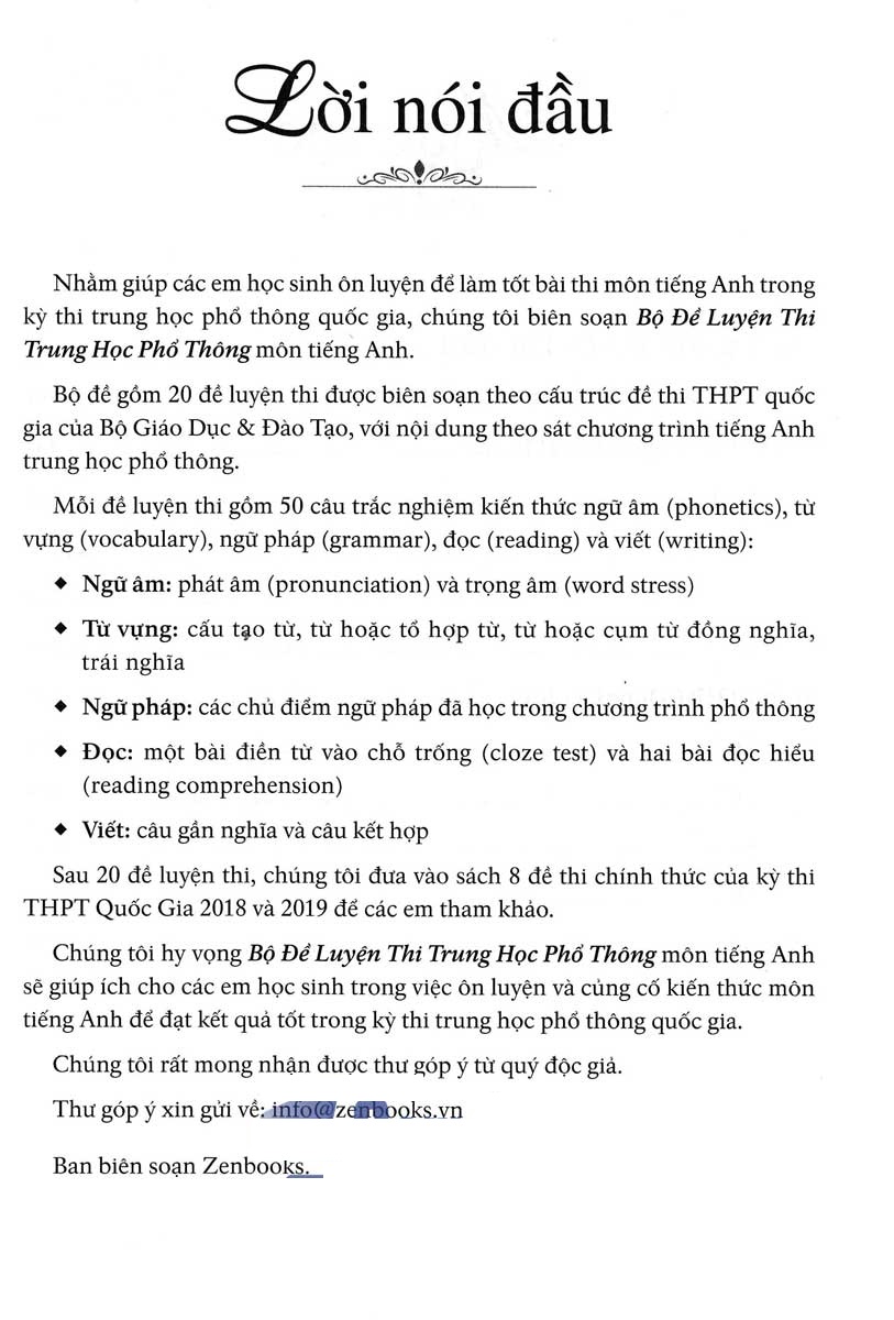 Bộ Đề Luyện Thi Trung Học Phổ Thông Môn Tiếng Anh + Tặng Phiếu Trắc Nghiệm 50 Câu - ZEN