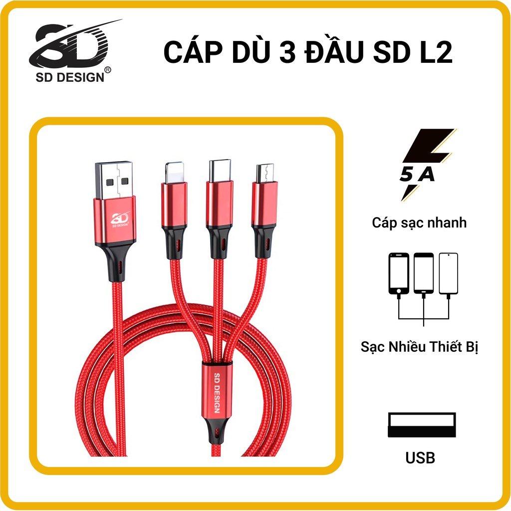 Dây Cáp Sạc 3 Đầu SD Design L2 Sạc nhanh 5.0 A Dây Dù Sạc cho các thiết bị di động bảo hành 1 đổi 1