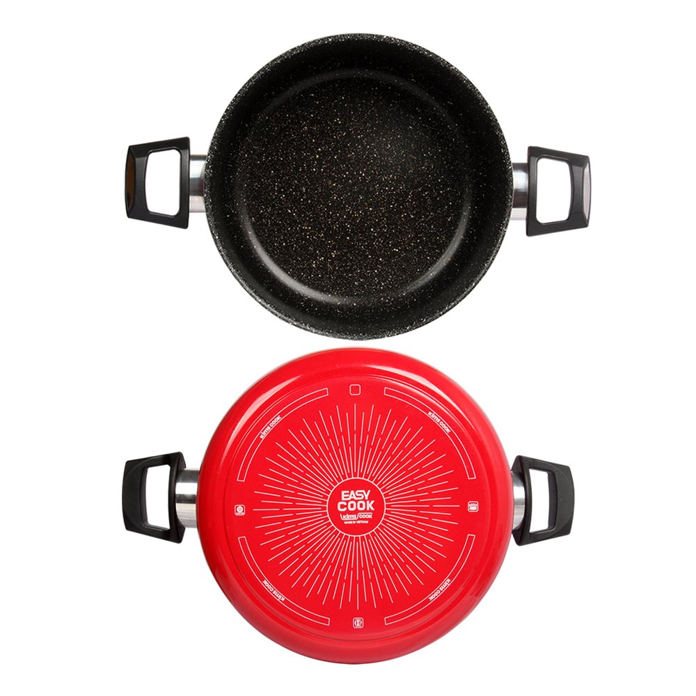 Tặng cặp nhấc nồi- Combo 2 món, nồi chống dính Kimscook 20cm và Chảo đúc Ecoramic sâu lòng 28 cm đỏ chính hãng Hàn Quốc