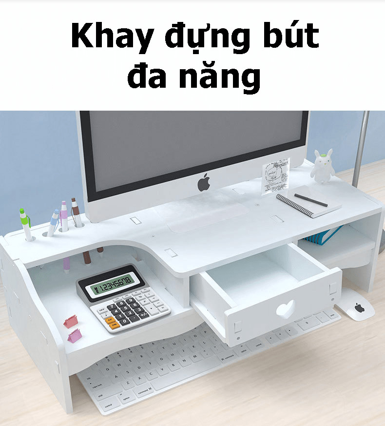 Kệ gỗ để màn hình máy tính có nhiều ngăn kéo tiện dụng và khay đựng bút chất liệu nhựa PVC chống thấm nước nên thời gian sử dụng rất bền, mang lại hiệu quả kinh tế cao khi dùng