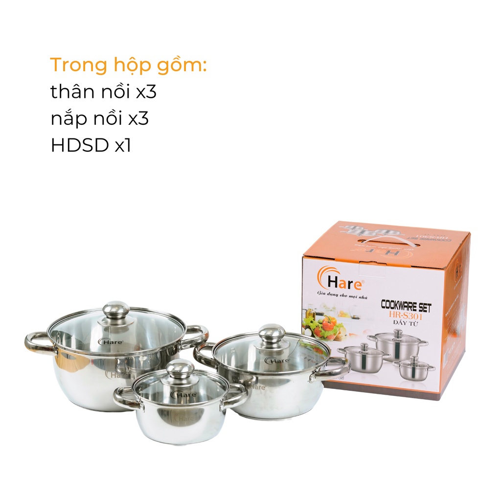 Bộ nồi inox đáy từ HR-S301 (16,20,24cm) - thương hiệu Hare -  lỗi 1 đổi 1