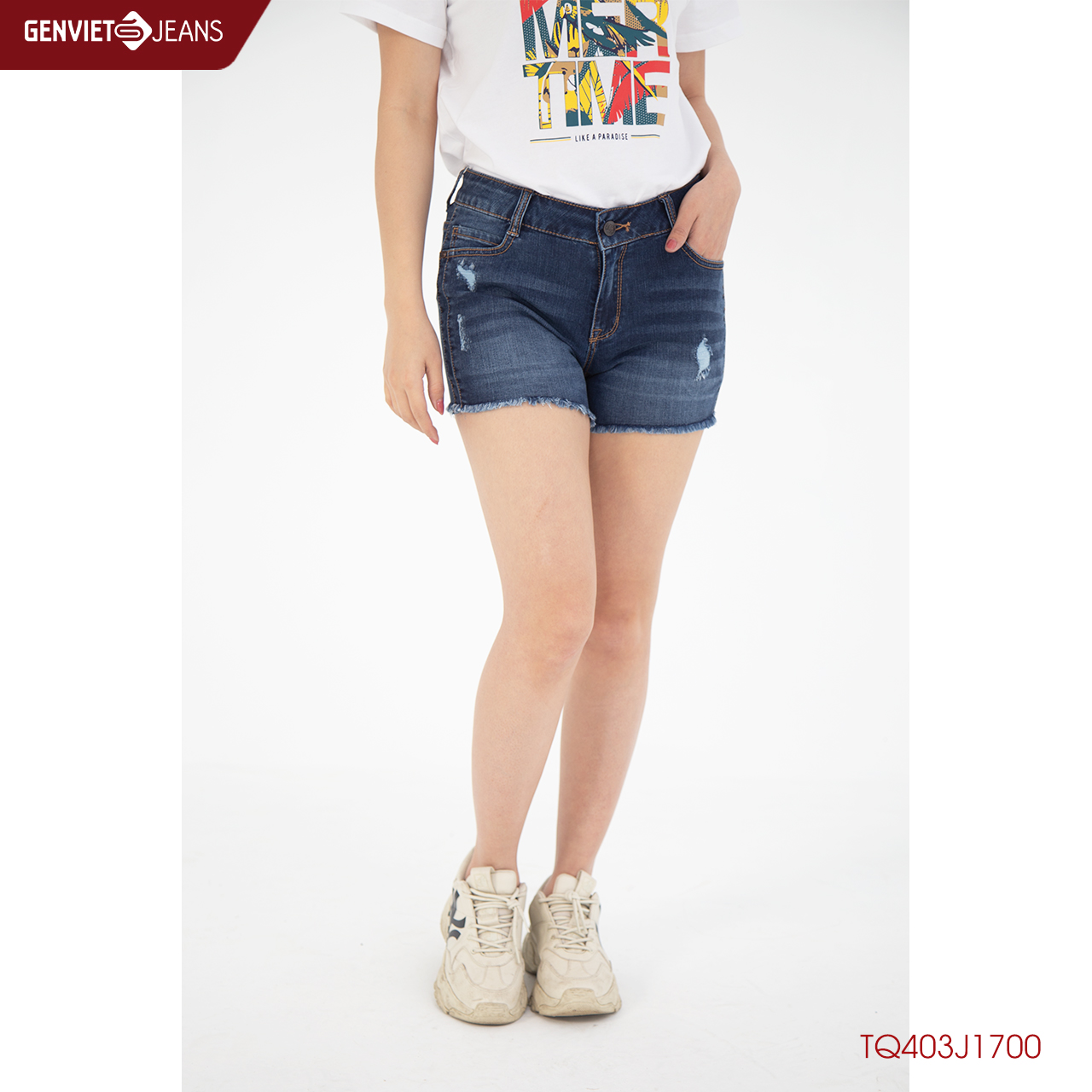 Quần Short Jeans Nữ Mài Xước Tua Dua TQ403J1700  GENVIET