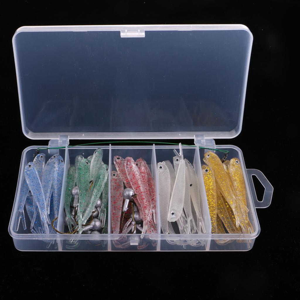 50pcs Soft Plastic Bass Fishing Lure Bait with Jig Head Worm Hooks Lure Box