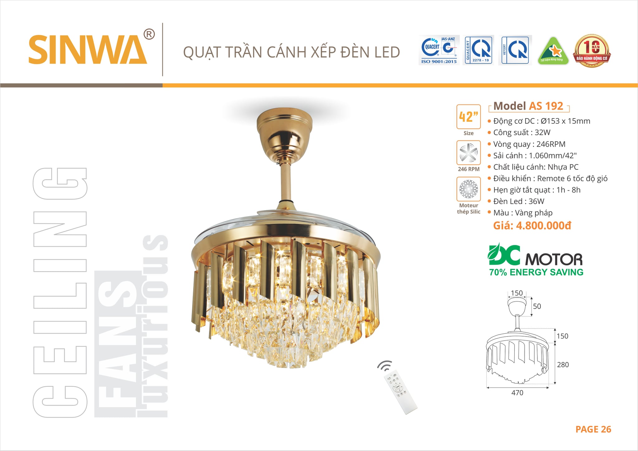 QUẠT ĐÈN TRẦN CÁNH XẾP ĐÈN LED SINWA AS 192 (Hàng chính hãng)