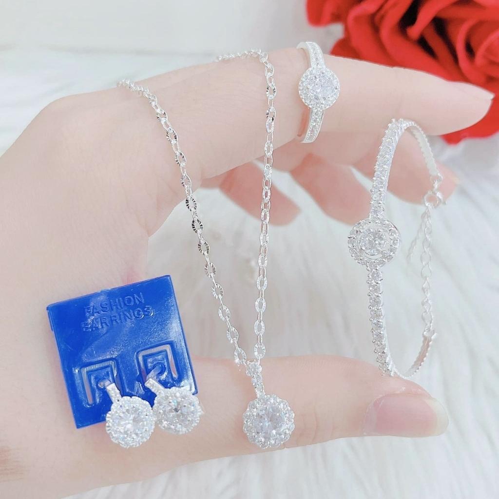 Bộ trang sức nữ - Dây chuyền - Lắc tay - Nhẫn - Bông tai bạc thật đính đá tròn, Trang sức Anchi jewelry.