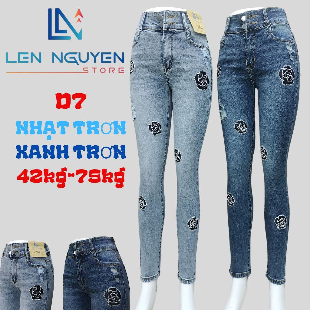 D7_Quần jean nữ, dài, lưng cao, quần bò nữ dáng ôm, quần rin nữ có big size, cho 42kg đến 75kg,LEN NGUYEN STORE - Xanh Trơn