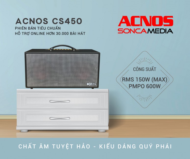 Dàn âm thanh di động ACNOS CS450 - Hệ thống 2 Loa full 6.5 inch và 3 loa treble - Công suất đến 500W - Kết nối bluetooth 5.0, USB, AUX, 6.5mm - Kết nối với các thiết bị thông minh khác dễ dàng qua CloudKaraoke - Kèm 2 micro không dây UHF - Hàng chính hãng