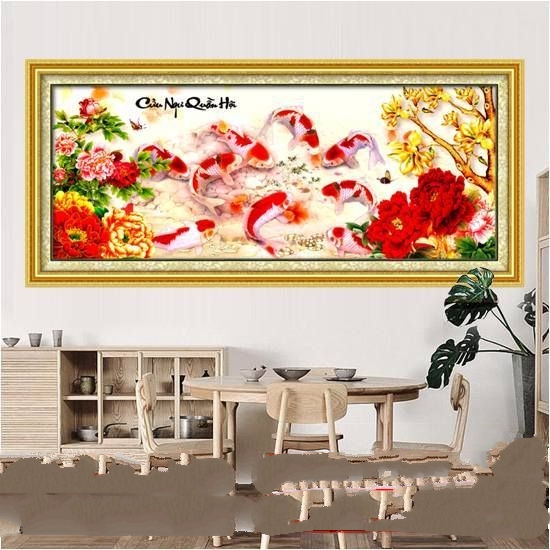 tranh đính đá Cửu ngư quần hội 115x50cm