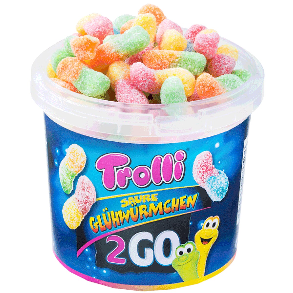 Kẹo dẻo Trolli Sour Glowworms 2GO hình sâu vị chua hủ 150gr