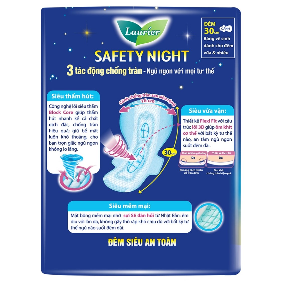 Combo 3 gói Băng Vệ Sinh Ban Đêm Laurier Safety Night [30cm-8M]