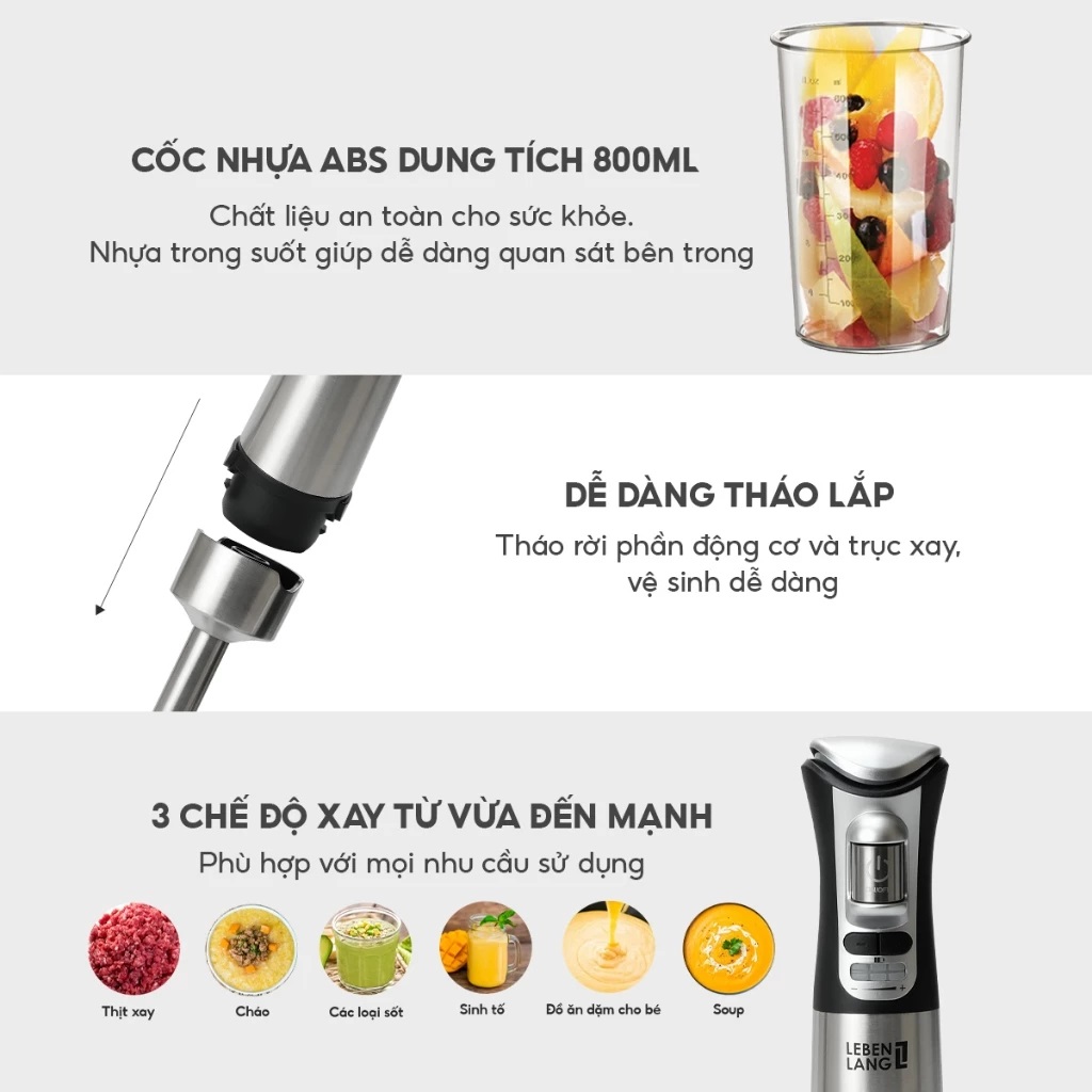 Máy xay sinh tố cầm tay đa năng Sothing Lebenlang LBL103, 3 mức độ, lưỡi dao 2 cánh, bảo hành 2 năm- Hàng chính hãng
