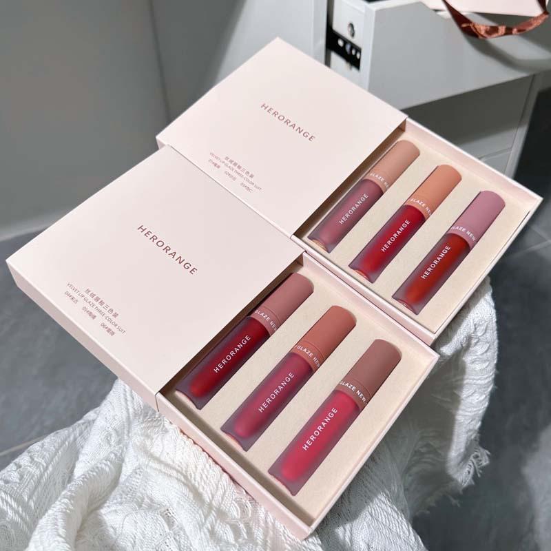 Set 3 cây son lì HERORANGE/VELVET LIP GLAZE THREE COLOR SUIT lâu trôi mịn như nhung - Hity Beauty