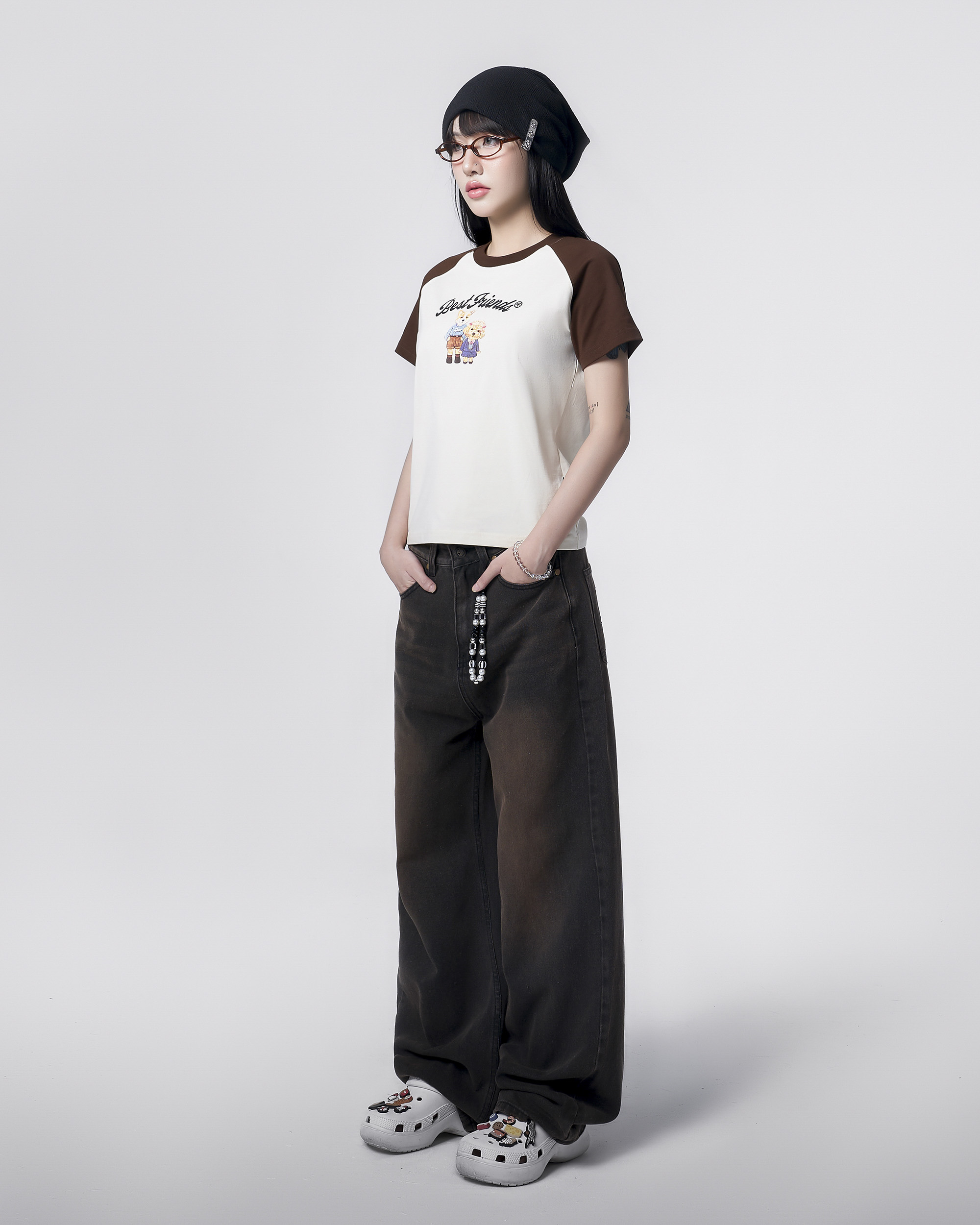 Áo Thun DirtyCoins Puppies Raglan Women T-shirt - Cream/Brown