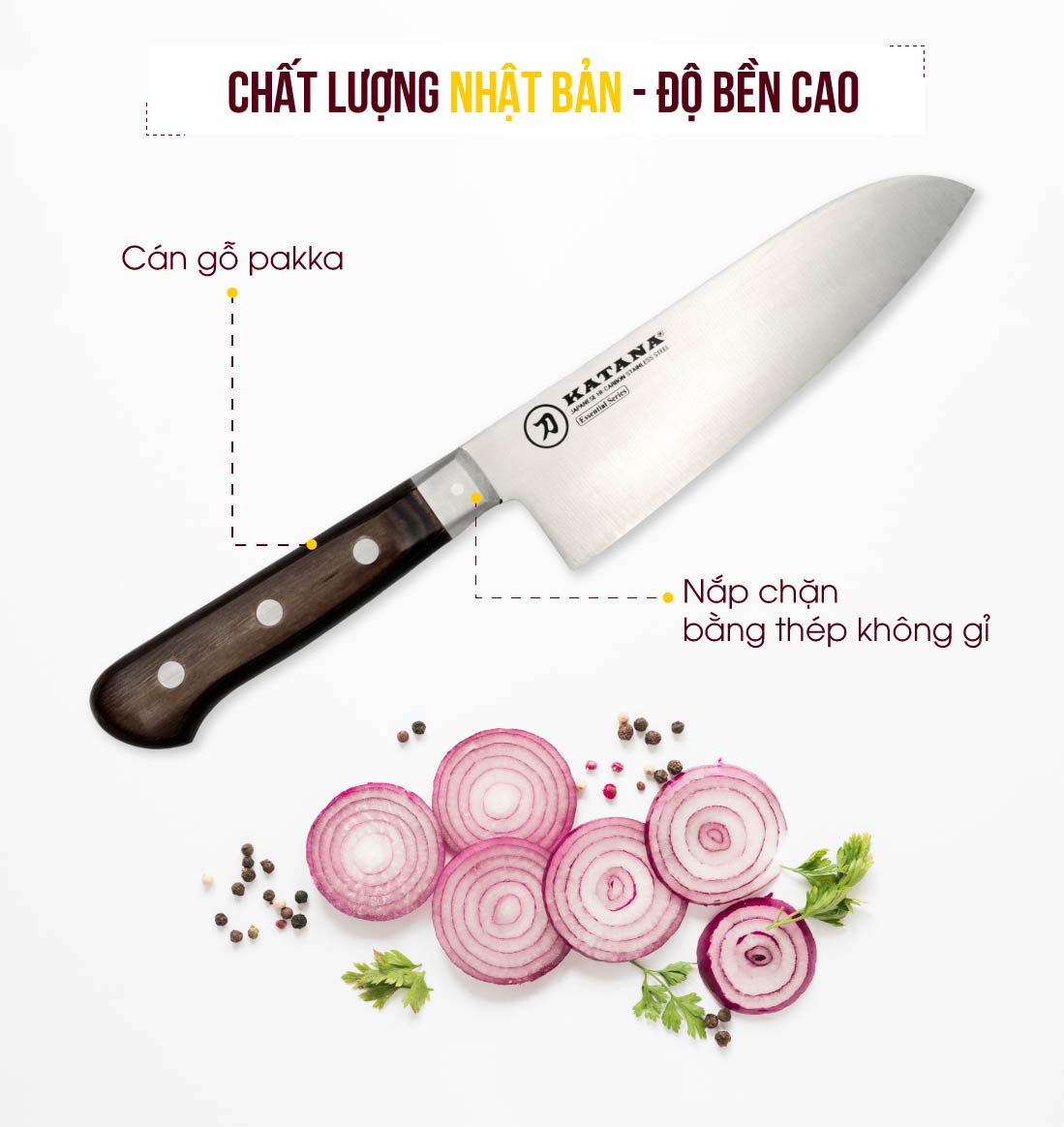Dao thái đa năng KATANA Essential Santoku KATA-201 cán gỗ, thép không gỉ, độ sắc cao - dao bếp KATANA cao cấp thương hiệu Việt Nam