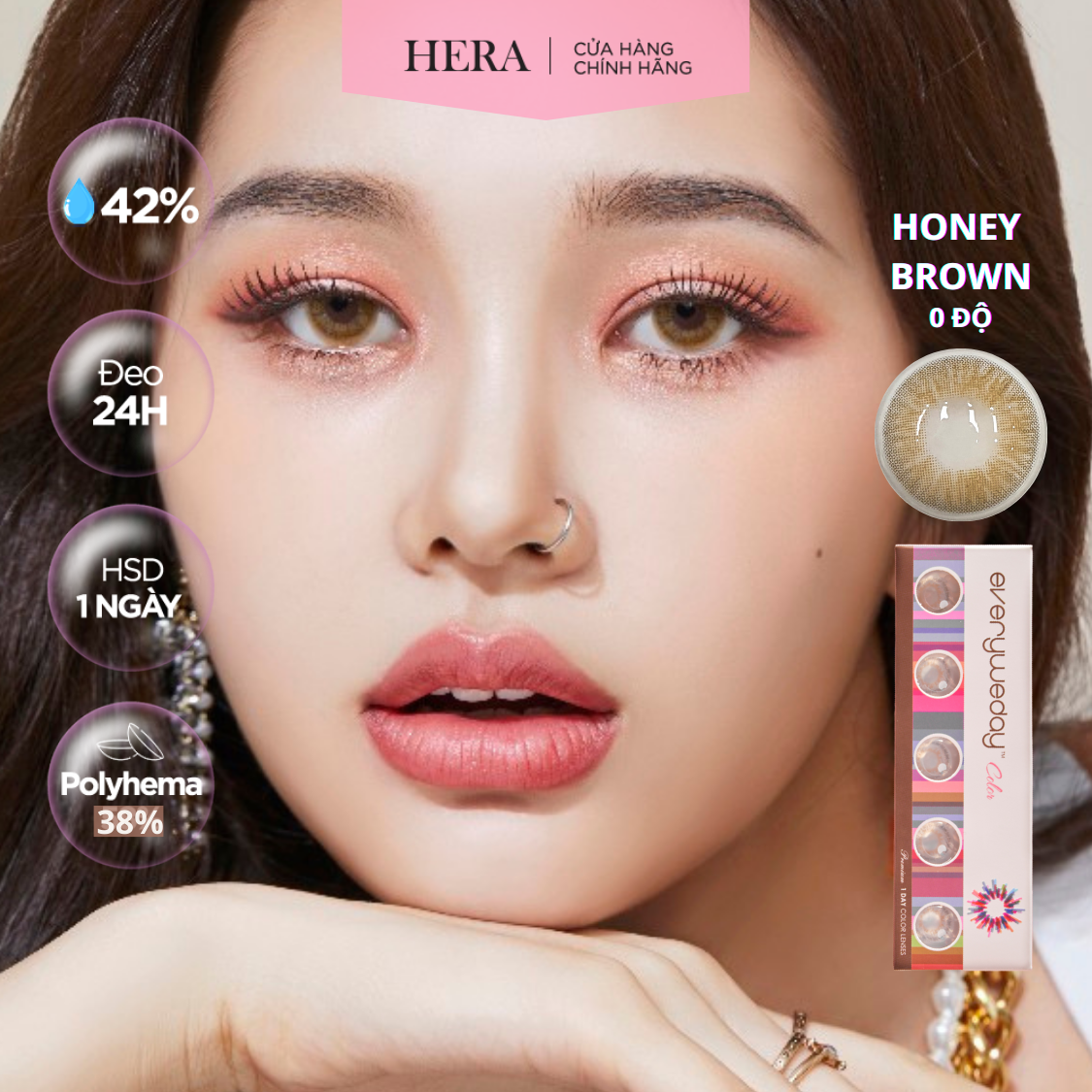 Kính Áp Tròng Hera Nâu Mật Ong Không Độ HONEY BROWN Nhập Khẩu Hàn Quốc Lens Không Cận 1 Ngày