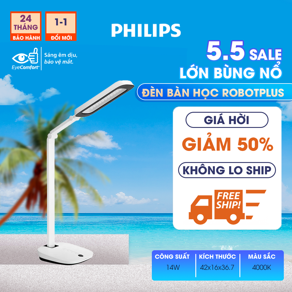 Đèn bàn học bảo vệ mắt Philips LED RobotPlus DSK601 RD 13W ánh sáng trung tính 4000K, 4 cấp độ sáng