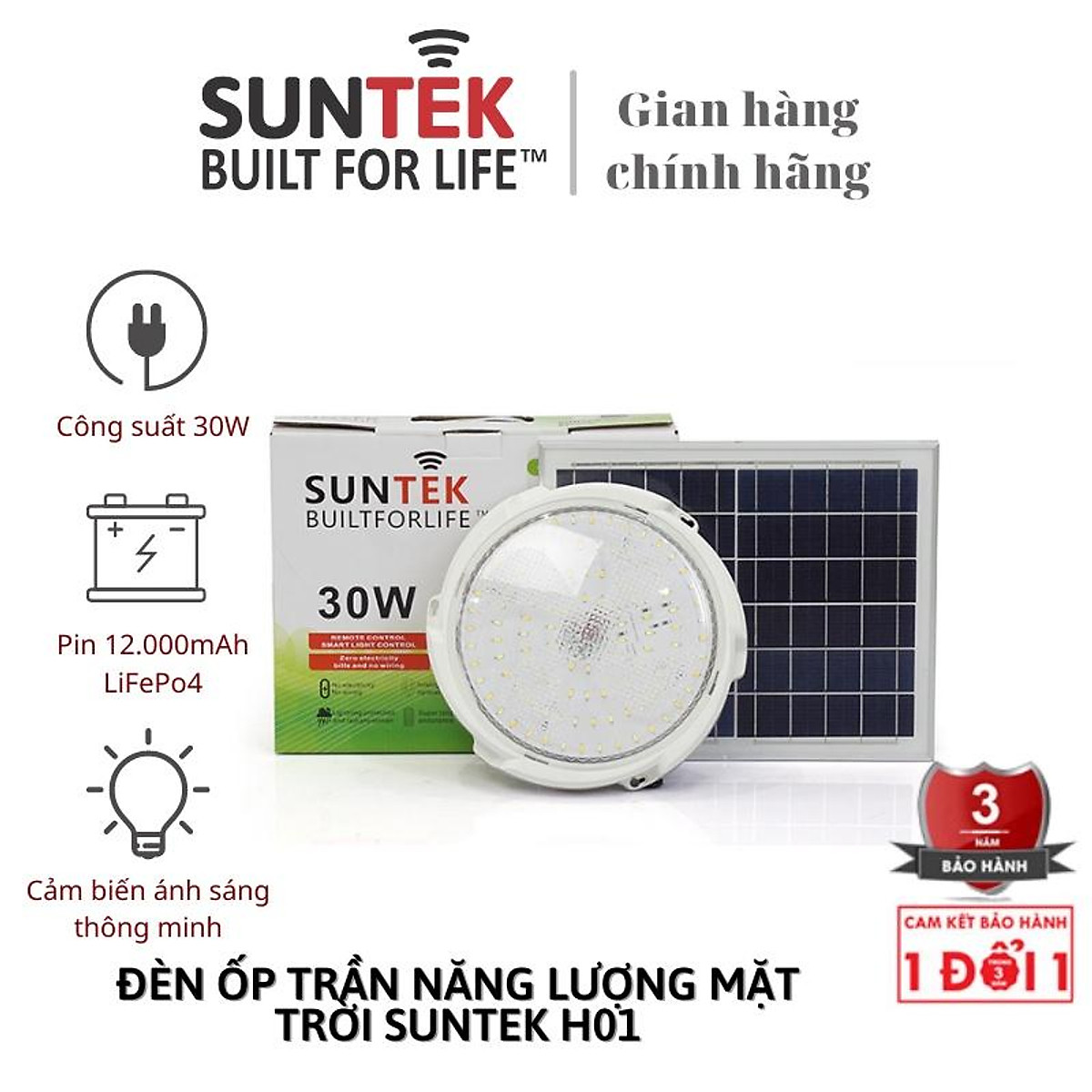 Đèn LED Ốp Trần Mái Hiên Năng Lượng Mặt Trời SUNTEK H01/H02/H05 30W/60W/90W - 3 Chế độ Ánh sáng Trắng/Trắng Vàng/Vàng | Chiếu sáng 20 giờ | Tự động Bật/Tắt | Điều khiển Từ xa - Hàng Chính Hãng