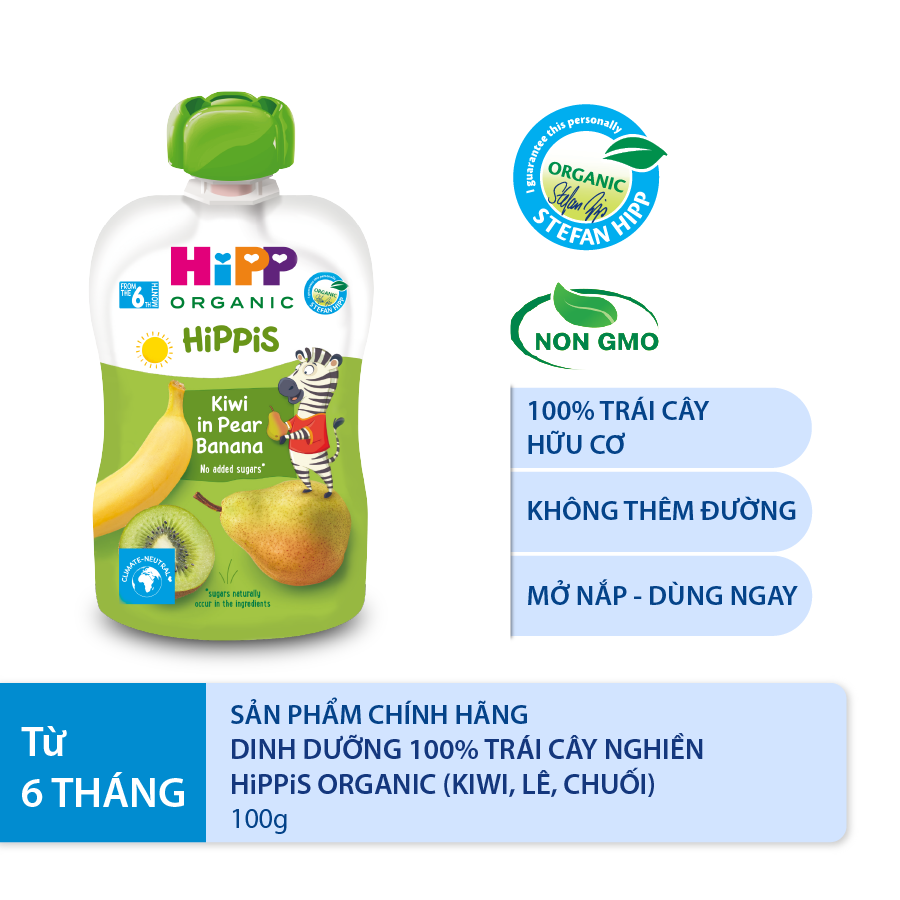 Dinh dưỡng 100% Trái cây nghiền Organic HiPPiS Kiwi, Lê, Chuối