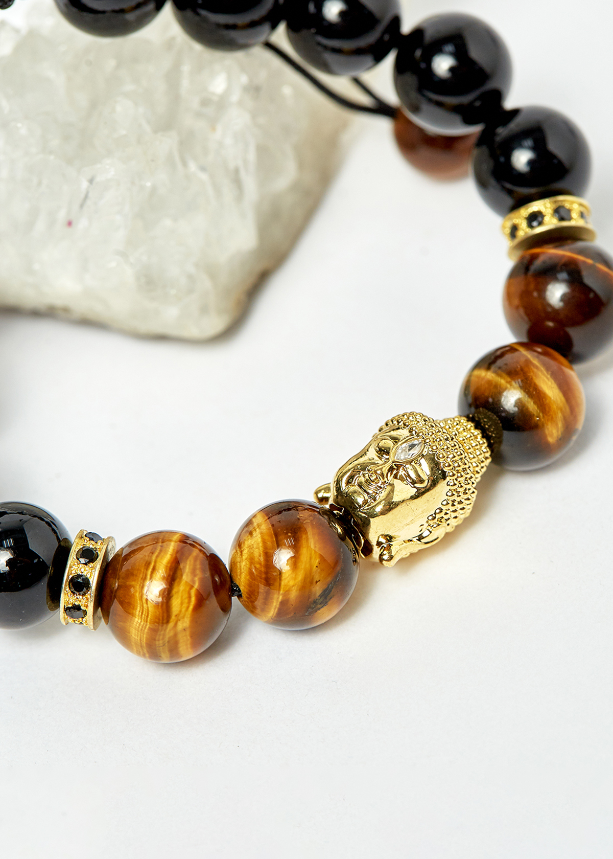 Vòng kết dây đá thạch anh mắt hổ vàng nâu phối obsidian và charm phật hạt 10mm - Ngọc Quý Gemstones