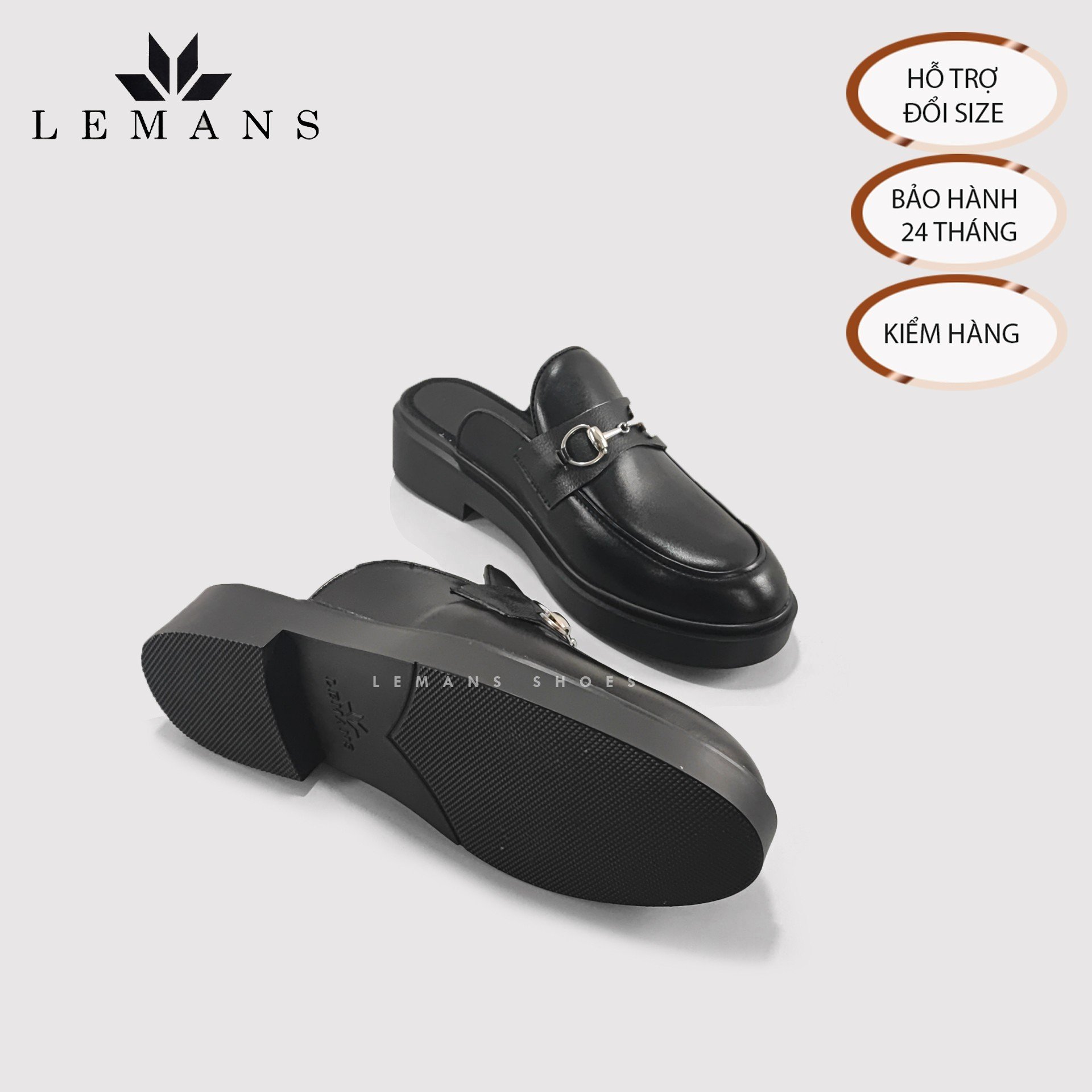 Giày Sục LEMANS Mules Loafer - Black. Da bò nguyên tấm Đế khuôn độc quyền tăng cao 4cm. Bảo hành 24 Tháng