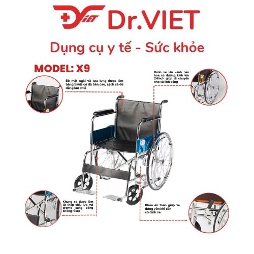 Xe Lăn Tay Lucass X9 Cho Người Già, Người Bệnh, Người Khuyết Tật, Khung Thép Mạ Crom, Ghế Simili, Có Gác Chân, Gấp Gọn
