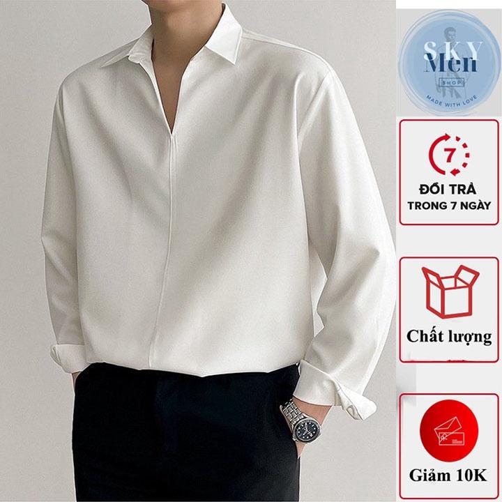 Áo sơ mi tay dài nam nữ cổ V form rộng Unisex Hàn Quốc chất vải Lụa rất đẹp mịn mát co giãn nhẹ - SKM001