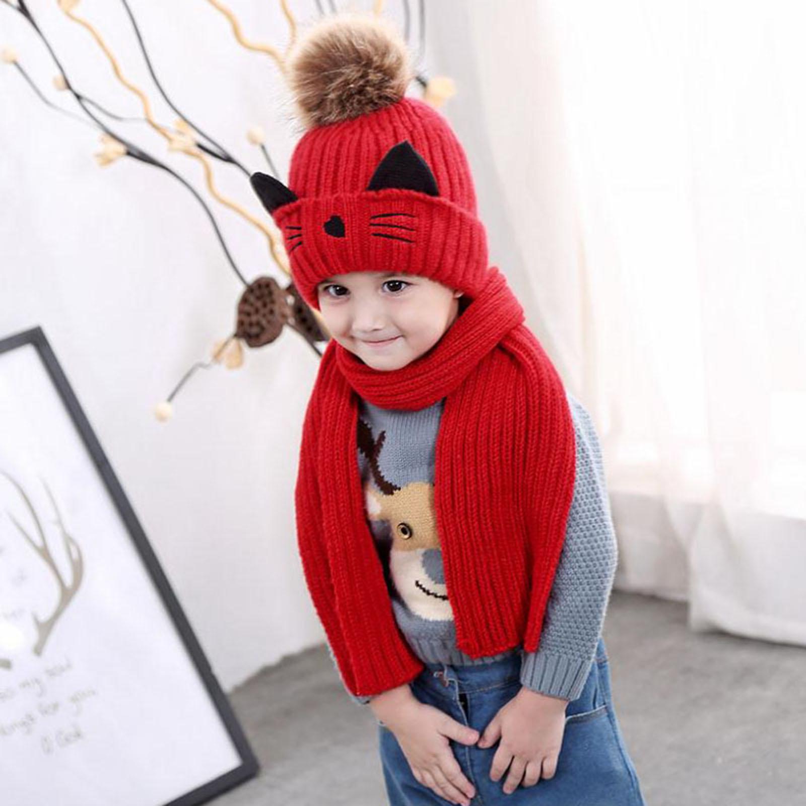 Lovely Pompom Infant Toddler Winter Hat Scarf Set for Baby Girl