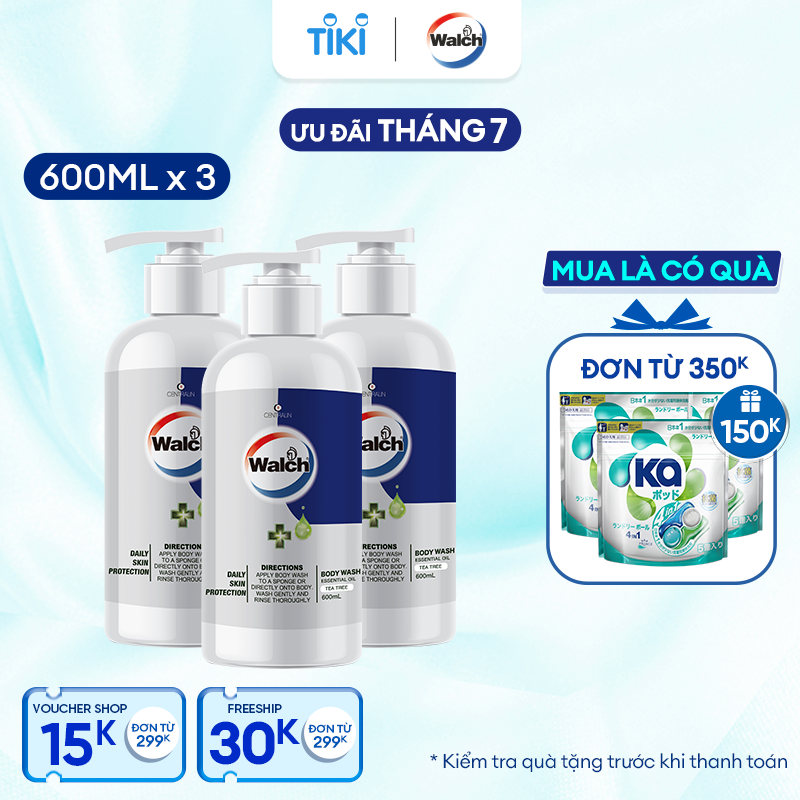 Combo 3 sữa tắm tinh dầu Walch tiêu diệt vi khuẩn, dưỡng ẩm mềm mịn, tái tạo làn da - Hương Tea Tree (600mlx3 )