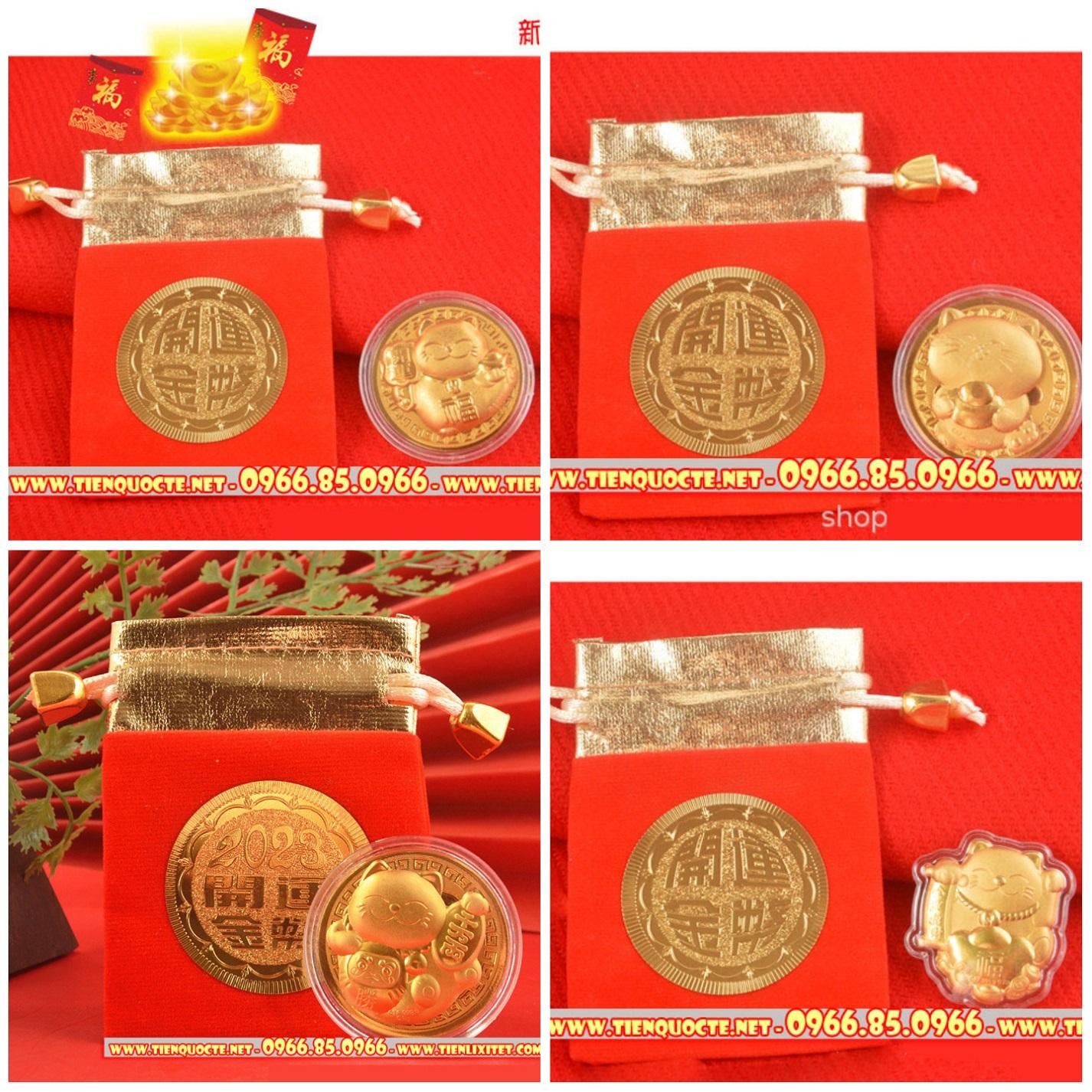 Lì xì Ti.ền tết Đồng xu hình mèo Vàng 24k quà tặng tài lộc tết 2023 QTLNC000485