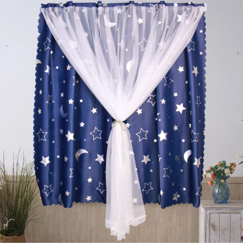 Rèm Khoen Lỗ, Khoen Ri Đô, Rèm Dán Hai Lớp TRĂNG SAO XANH ĐEN Chống Nắng Tốt, Kích Thước Đa Dạng