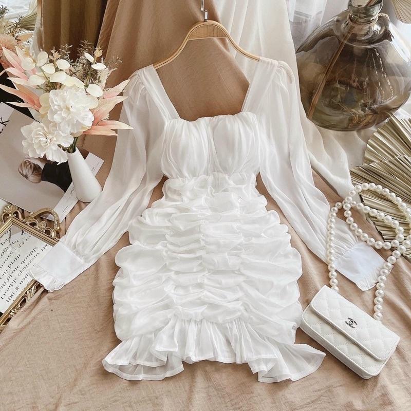 ĐẦM TRẮNG TAY DÀI NHÚN CỔ CHỮ U