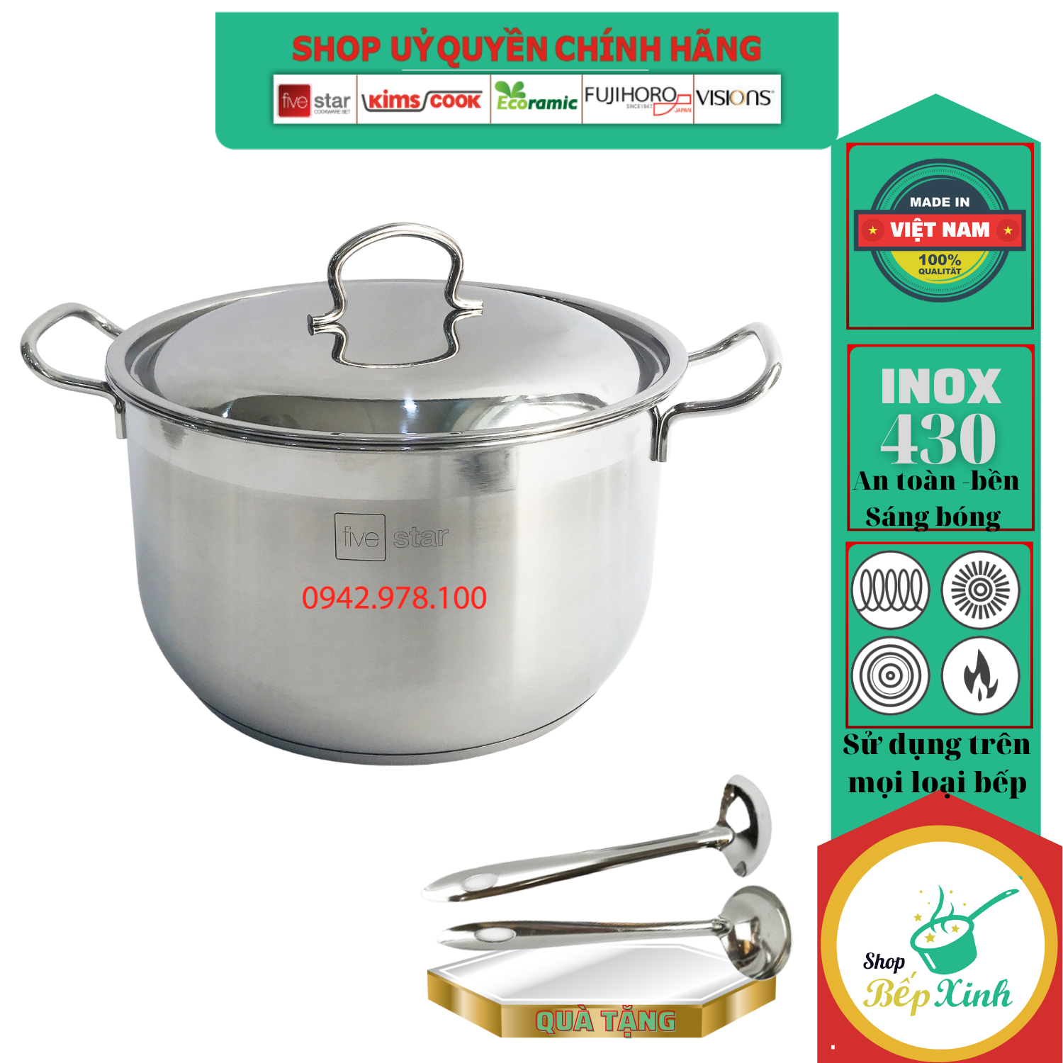 Nồi luộc gà 3 đáy inox 430 FiveStar Standard bếp từ nắp inox tặng 1 muỗng canh ( 26cm / 28cm / 30cm / 32cm / 36cm )